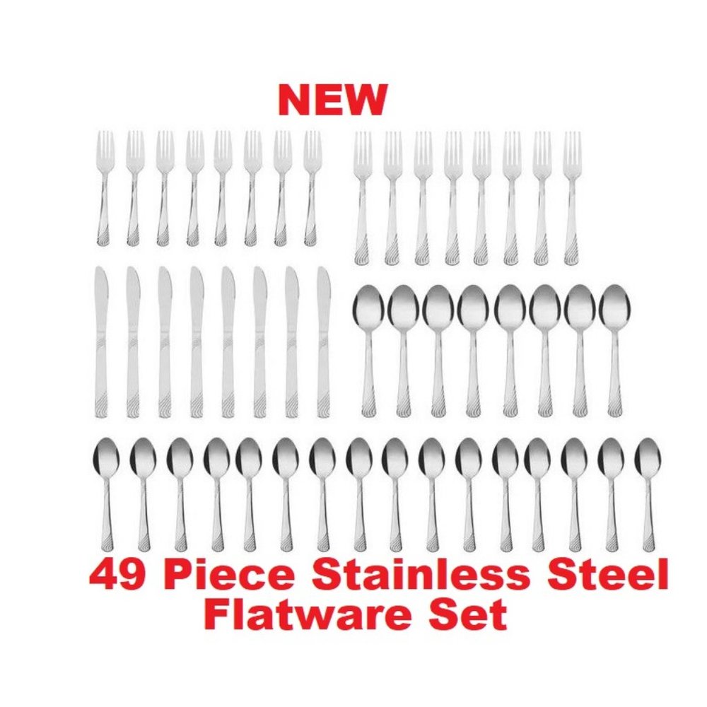 NEW 49 Piece stainless steel Flatware set with Tray spoons forks knives - SERVIC